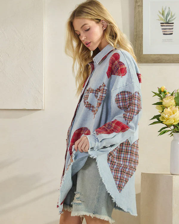 Oversized Denim Plaid Hearts Shirt