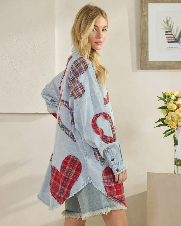 Oversized Denim Plaid Hearts Shirt