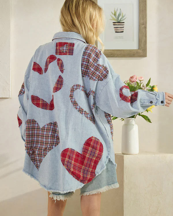 Oversized Denim Plaid Hearts Shirt