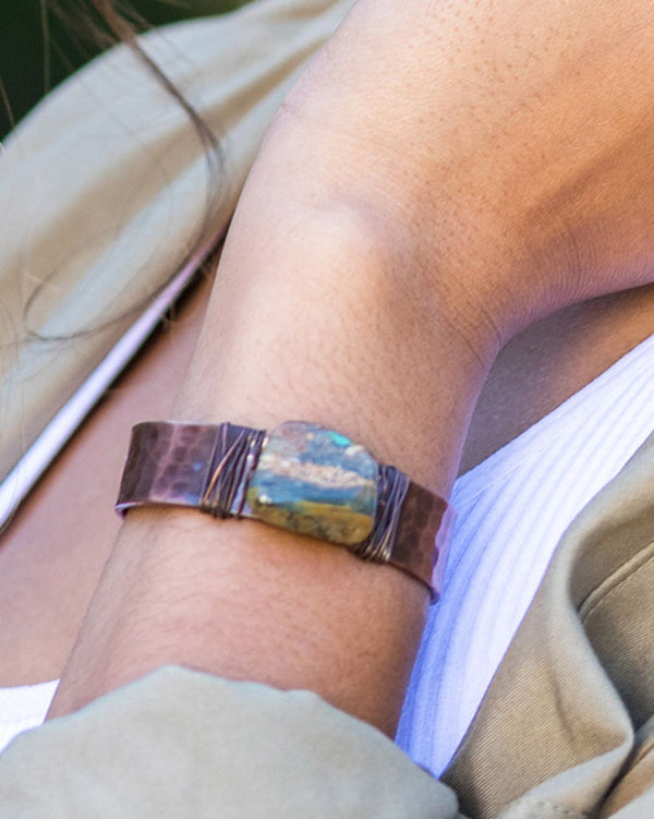 Brass Hammered Cuff Stone - Peruvian Opal
