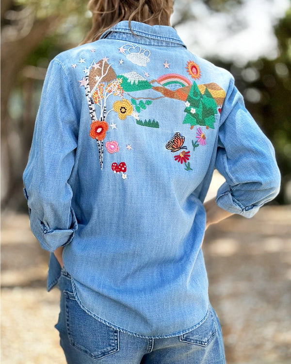 My Happy Place Embroidered Denim Shirt