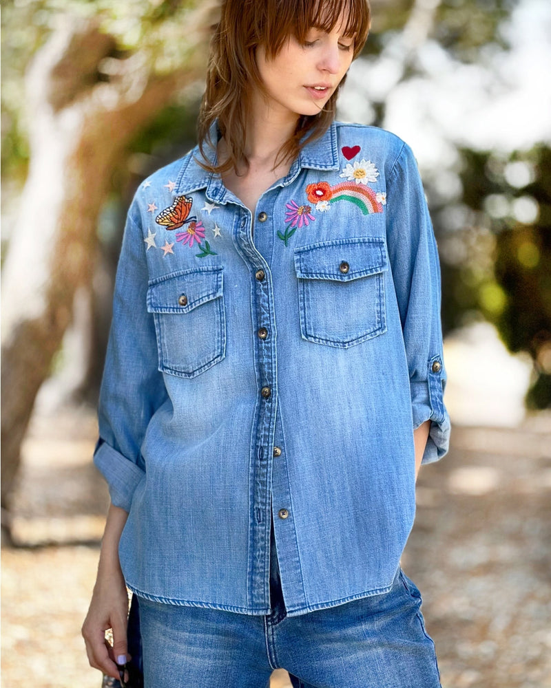 My Happy Place Embroidered Denim Shirt
