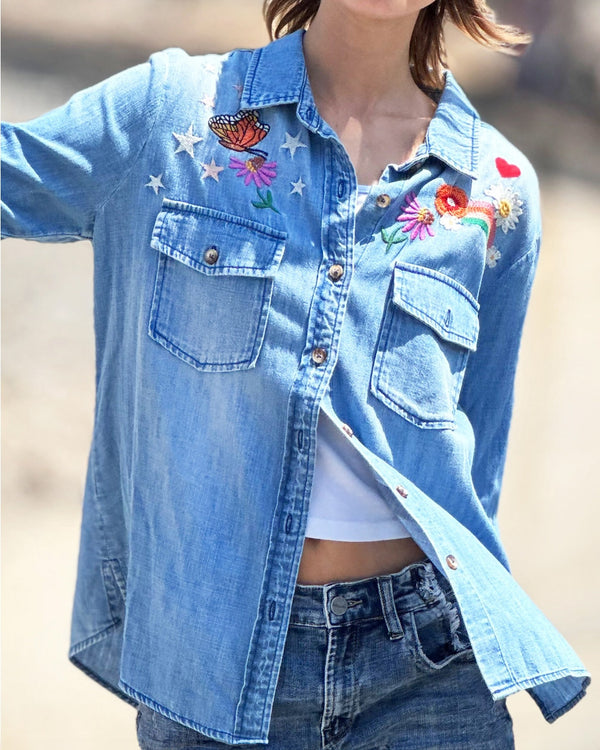 My Happy Place Embroidered Denim Shirt