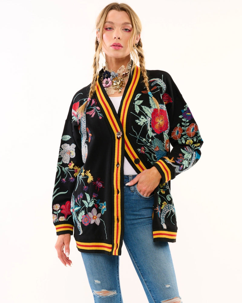 Night Florals Embroidered Midnight Blue Cardigan