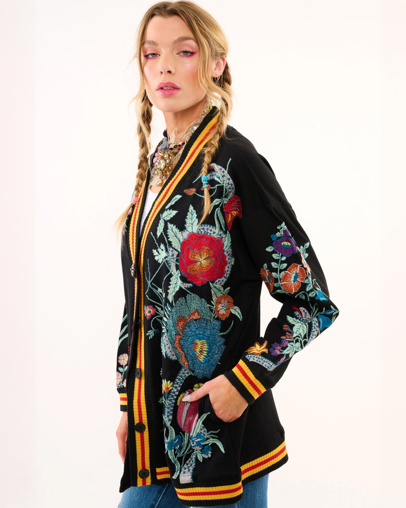 Night Florals Embroidered Midnight Blue Cardigan