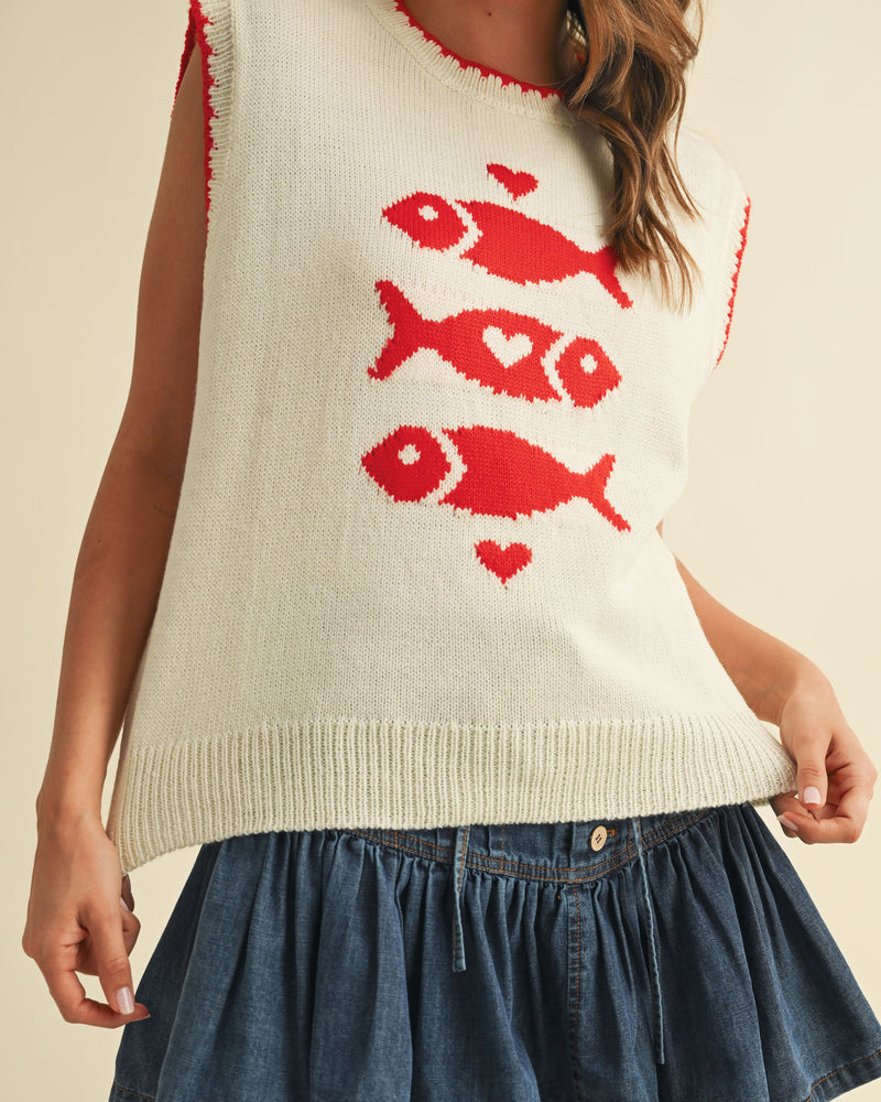 Fish Love Red & Cream Vest