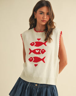 Fish Love Red & Cream Vest