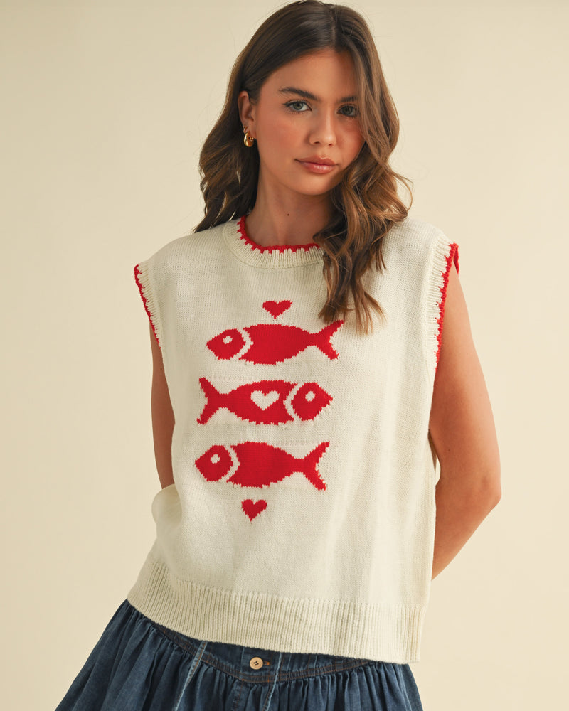 Fish Love Red & Cream Vest