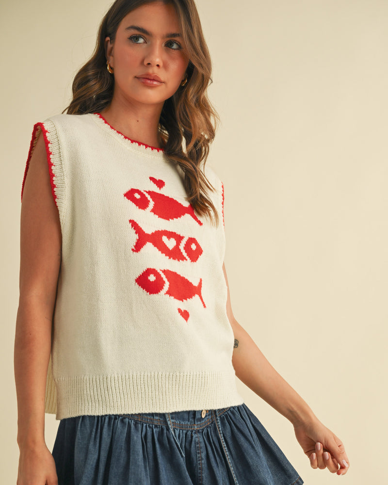 Fish Love Red & Cream Vest