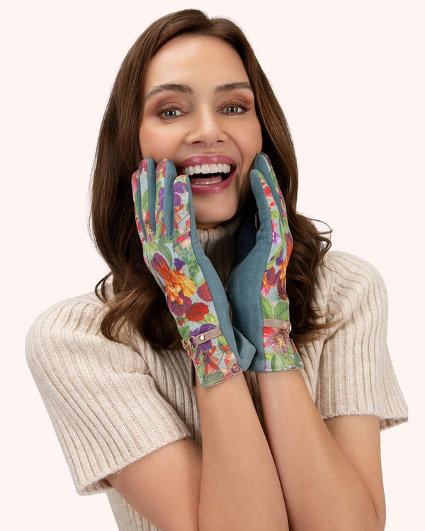 Blue Floral Retro Style Ultra Suede Gloves