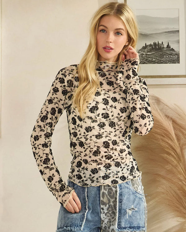 Flocked Floral Mesh Long Sleeve
