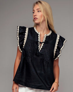 Lace Trim Pintuck Flutter Sleeve Blouse
