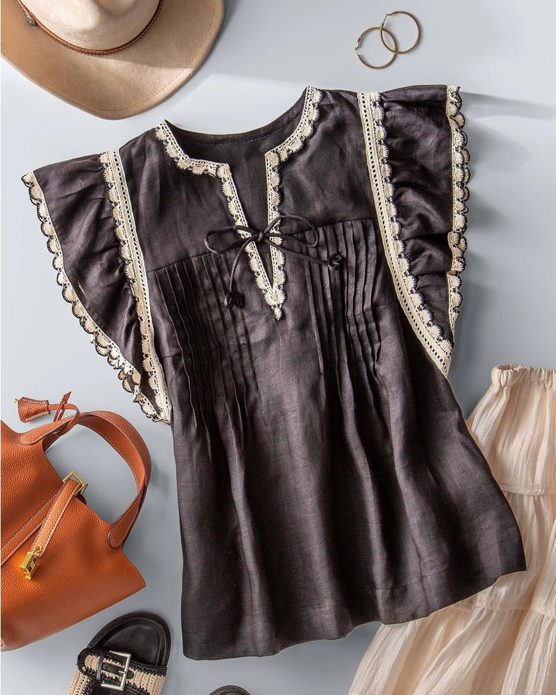Lace Trim Pintuck Flutter Sleeve Blouse