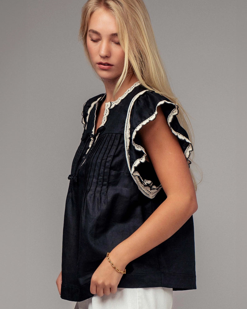 Lace Trim Pintuck Flutter Sleeve Blouse