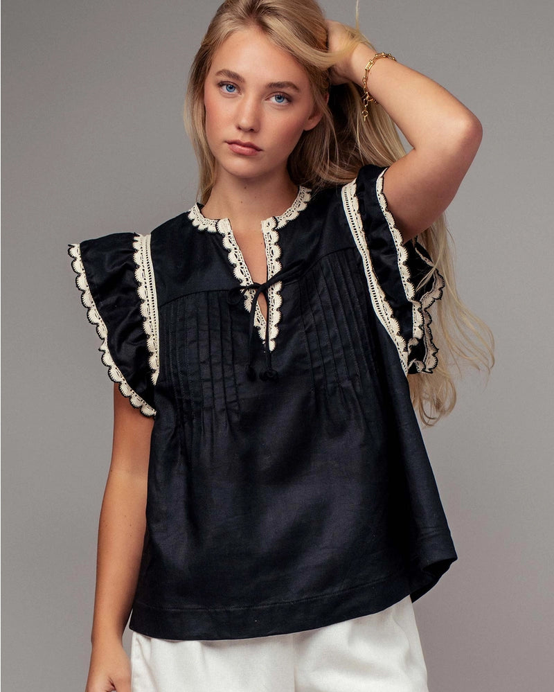 Lace Trim Pintuck Flutter Sleeve Blouse
