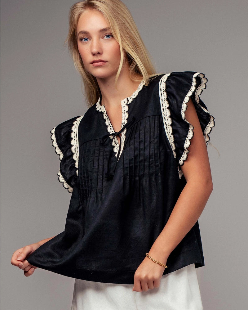 Lace Trim Pintuck Flutter Sleeve Blouse