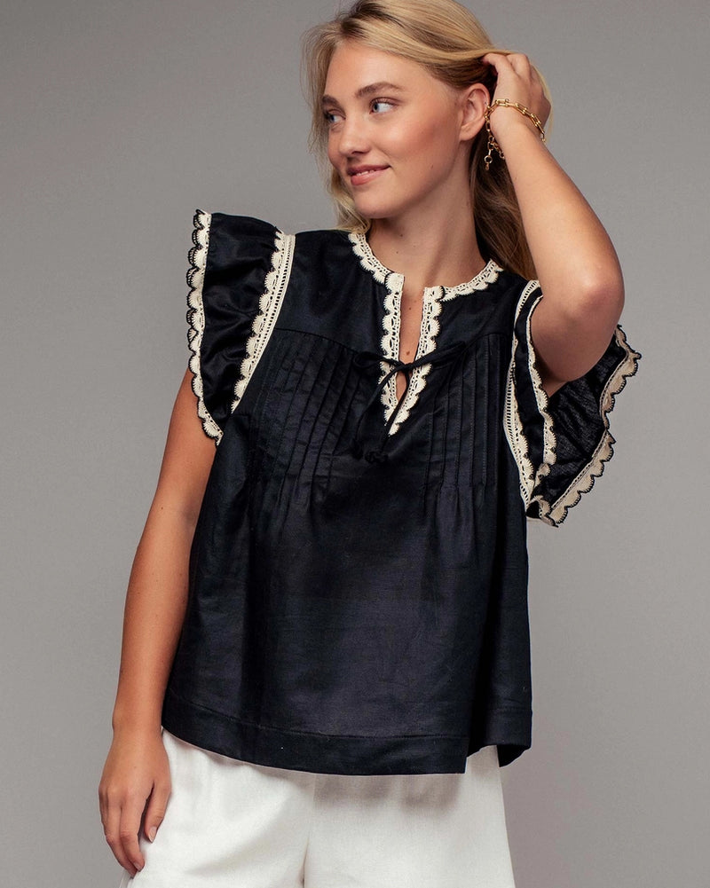 Lace Trim Pintuck Flutter Sleeve Blouse