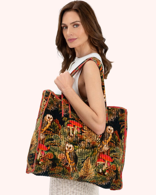Wild Woodland Owl Velvet Quilted Tote Bag