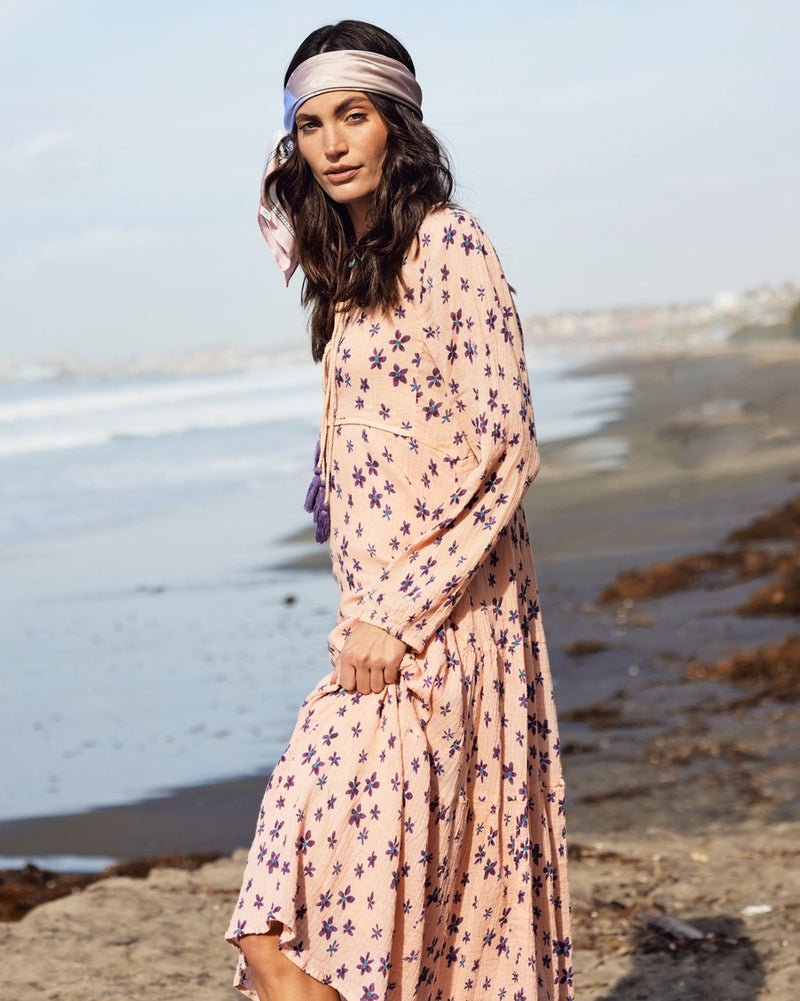 Coral Cotton Floral Printed Midi Dress