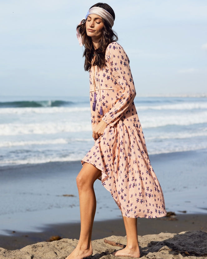 Coral Cotton Floral Printed Midi Dress