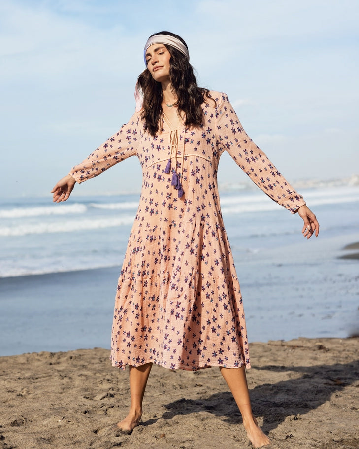 Coral Cotton Floral Printed Midi Dress