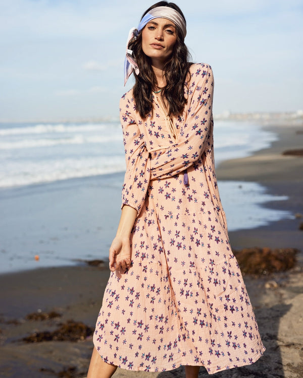 Coral Cotton Floral Printed Midi Dress