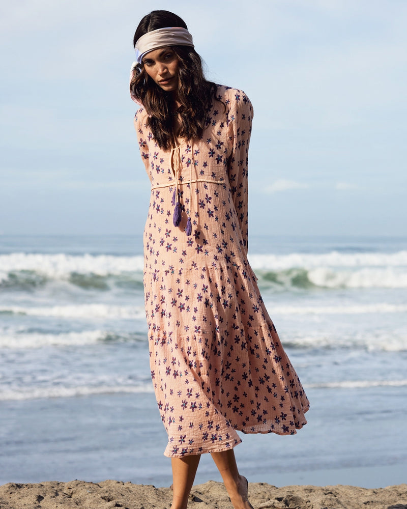 Coral Cotton Floral Printed Midi Dress