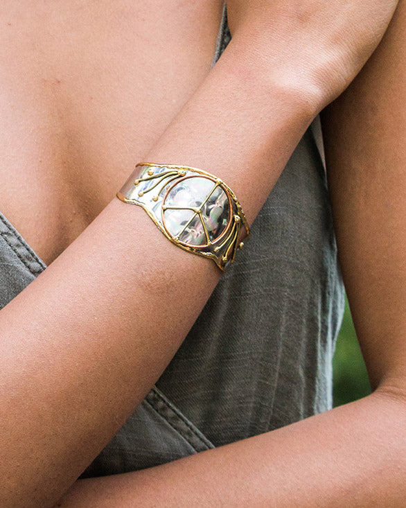 Peace Sign Mixed Metal Cuff Bracelet