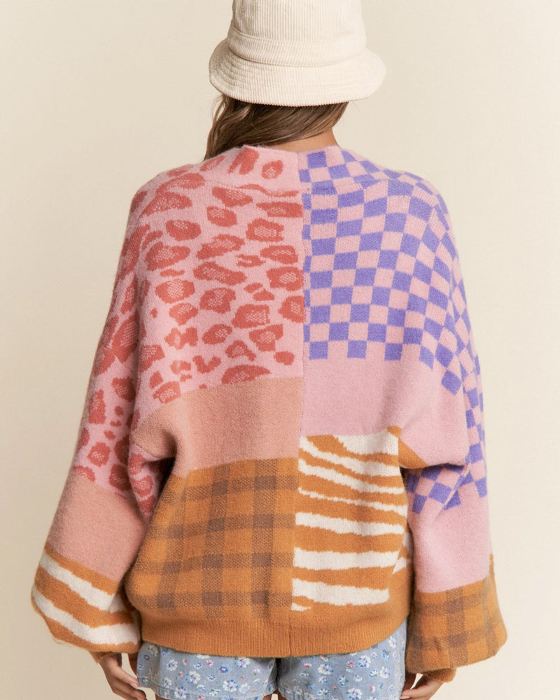 Multi Print Color Block Open Cardigan
