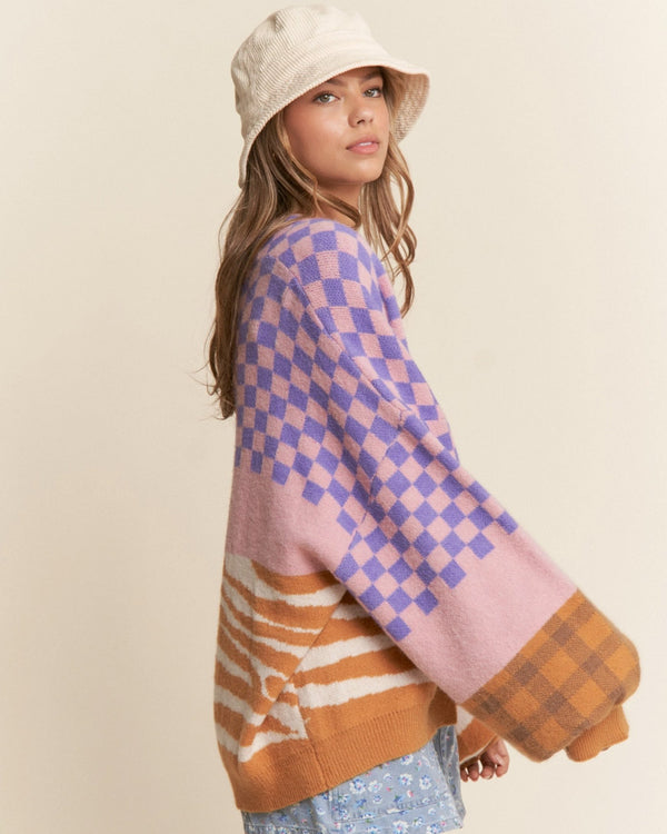 Multi Print Color Block Open Cardigan