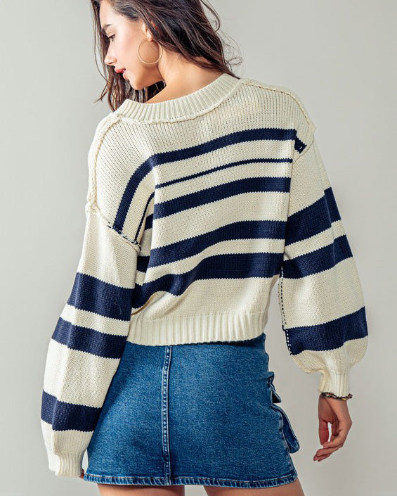 Navy & Ivory Striped Cropped Sweater