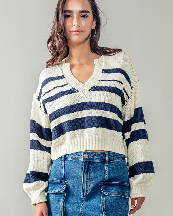 Navy & Ivory Striped Cropped Sweater