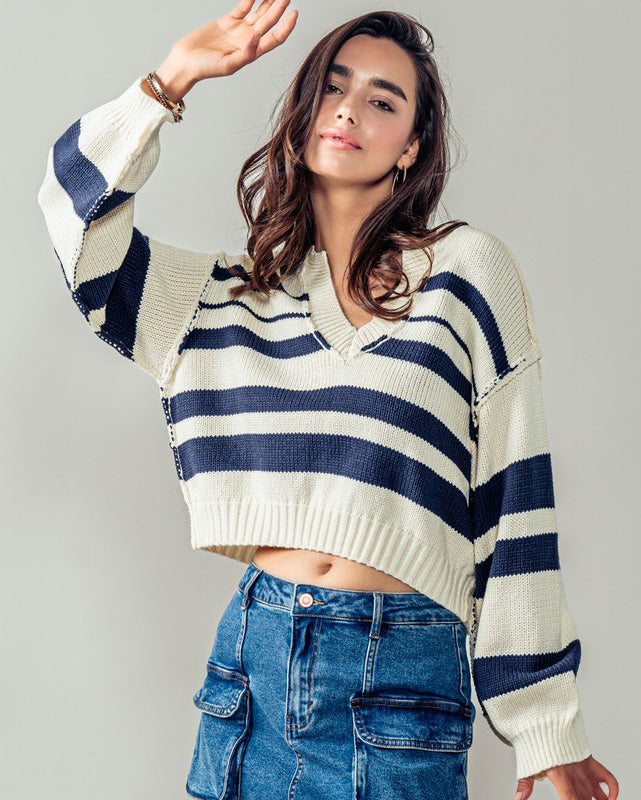 Navy & Ivory Striped Cropped Sweater