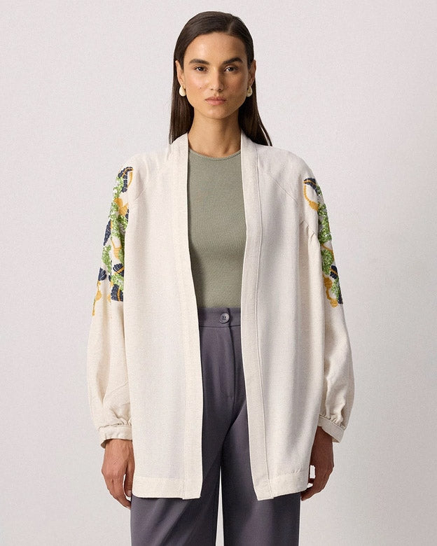 Linen Blend Embroidered Cocoon Kimono Jacket