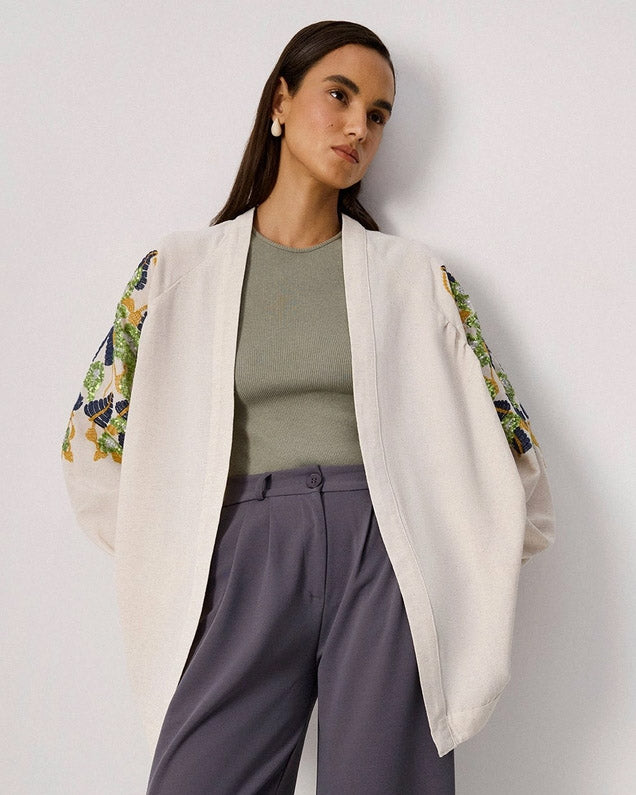 Linen Blend Embroidered Cocoon Kimono Jacket