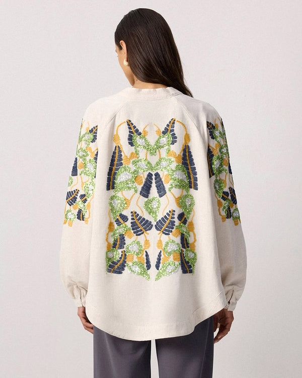 Linen Blend Embroidered Cocoon Kimono Jacket