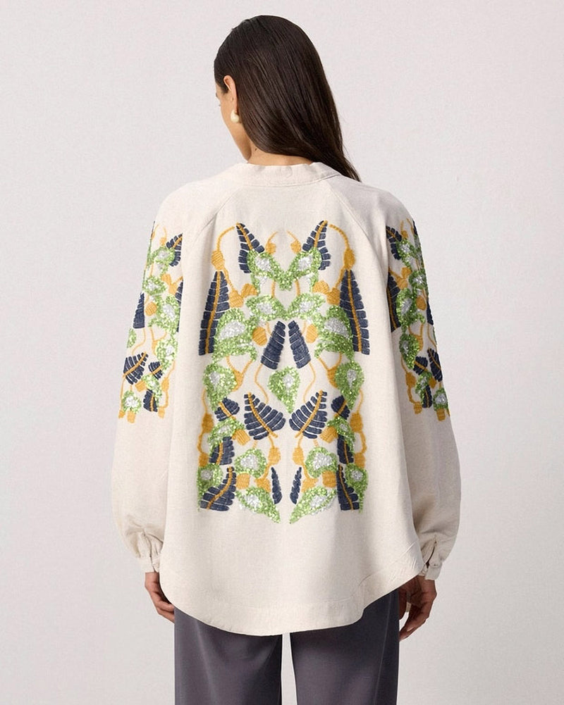 Linen Blend Embroidered Cocoon Kimono Jacket