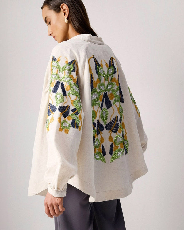 Linen Blend Embroidered Cocoon Kimono Jacket