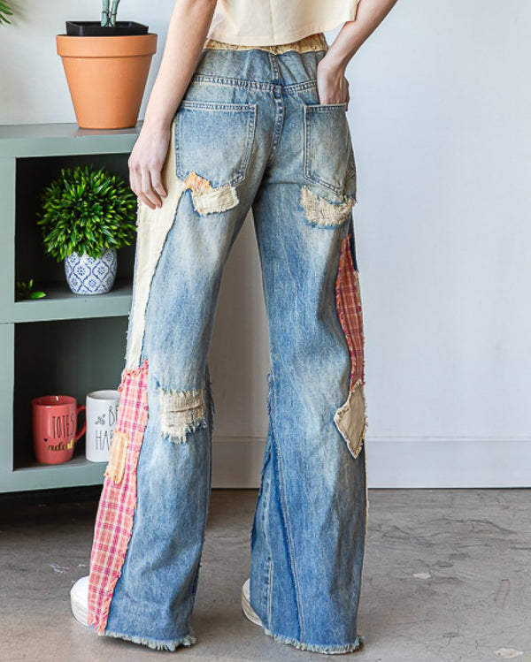 Patchwork Detail Wide Jeans