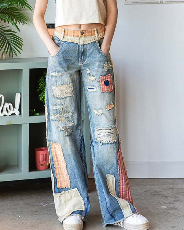 Patchwork Detail Wide Jeans
