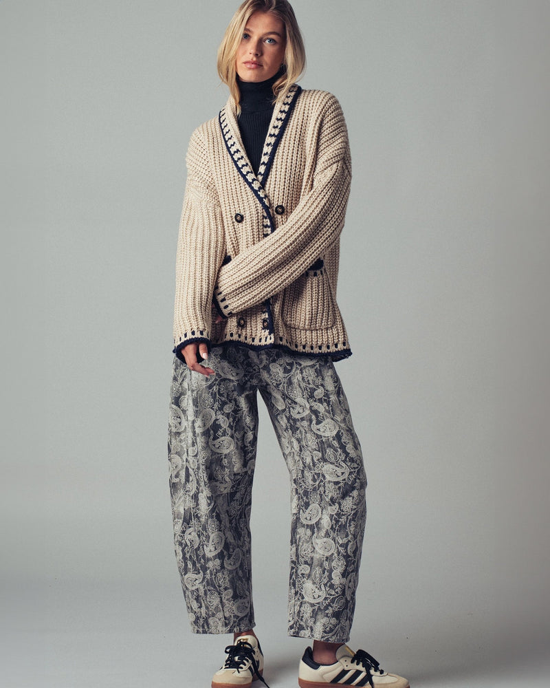 Grey Paisley Print Barrel Pants