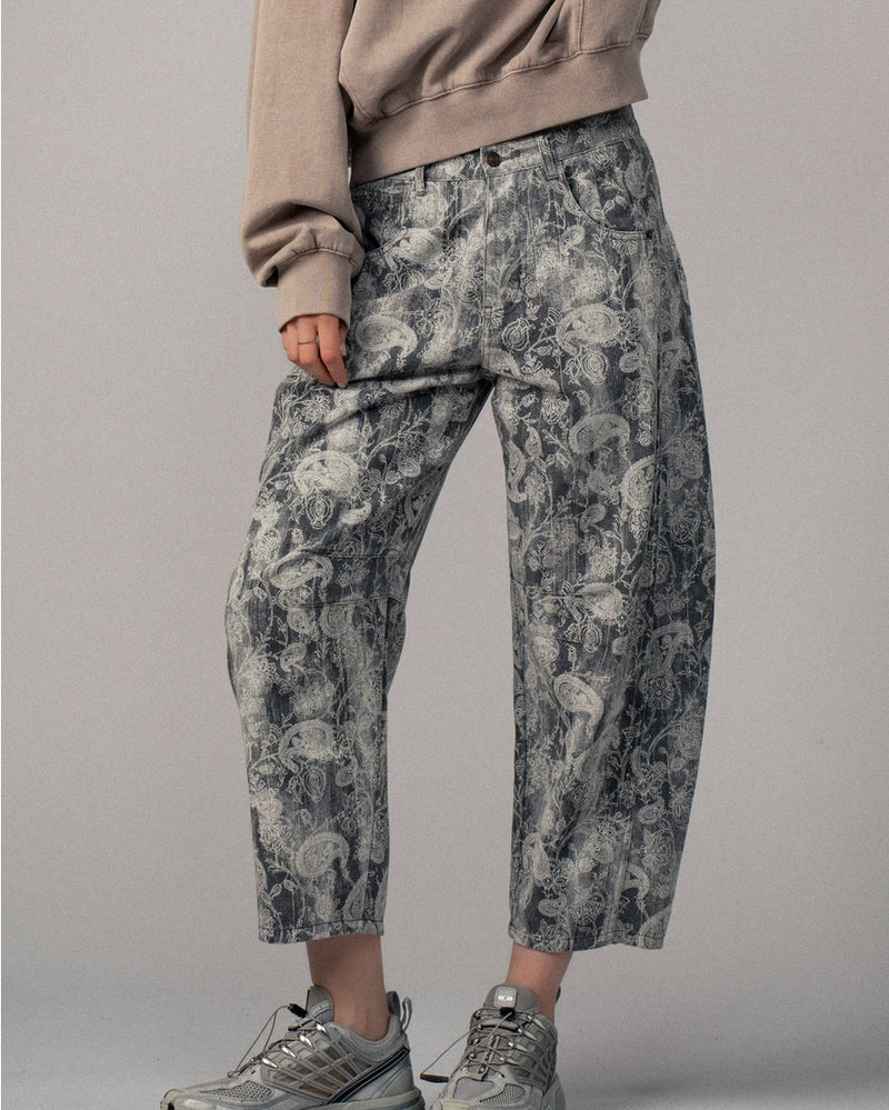 Grey Paisley Print Barrel Pants