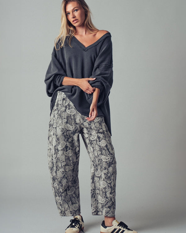 Grey Paisley Print Barrel Pants