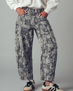 Grey Paisley Print Barrel Pants