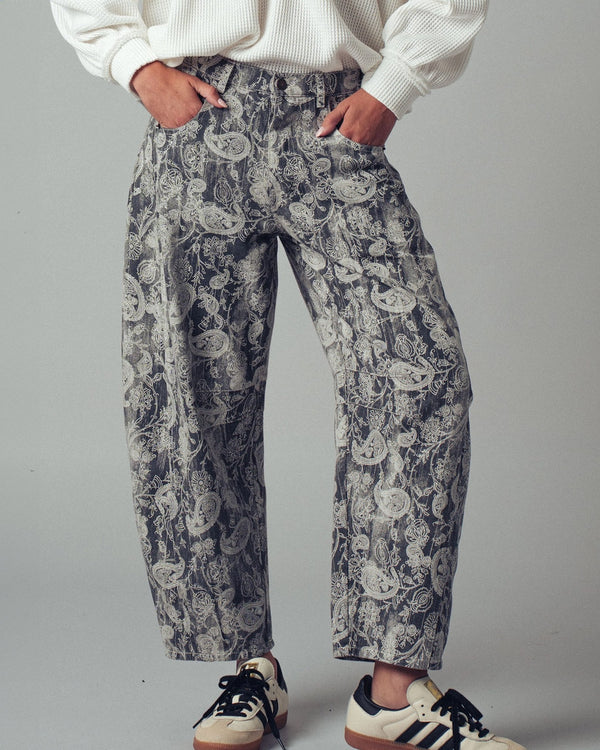 Grey Paisley Print Barrel Pants