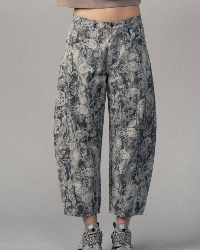 Grey Paisley Print Barrel Pants