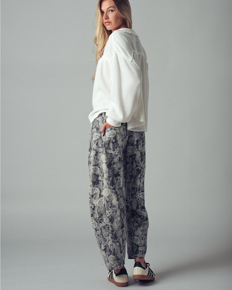 Grey Paisley Print Barrel Pants