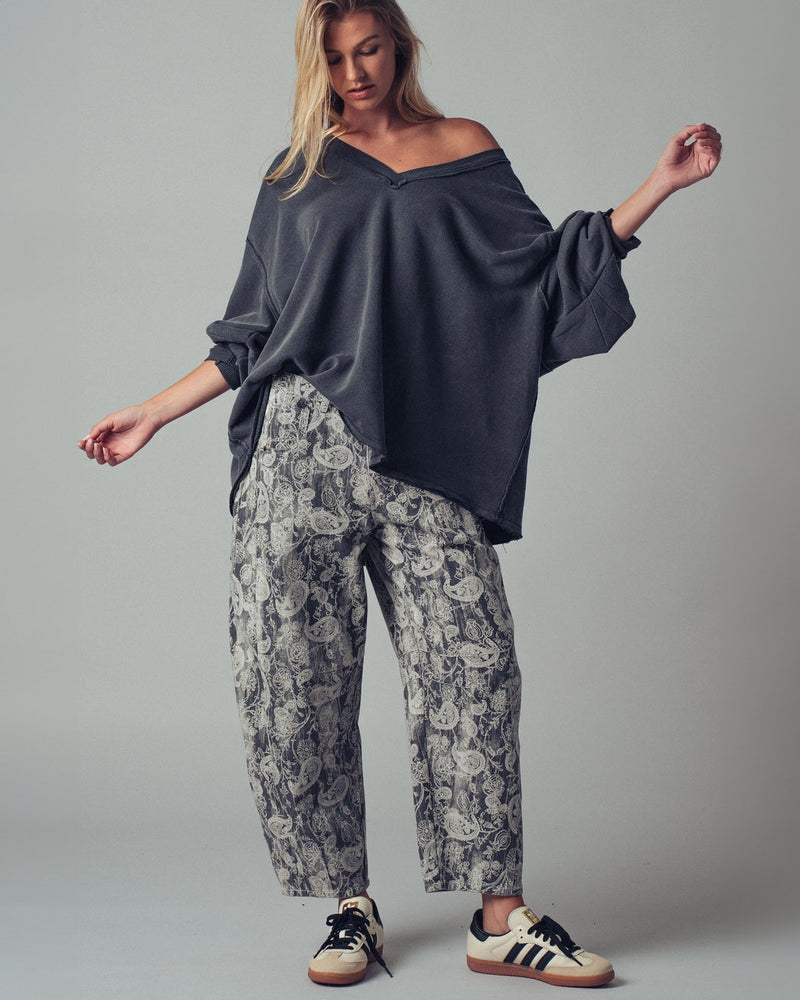 Grey Paisley Print Barrel Pants