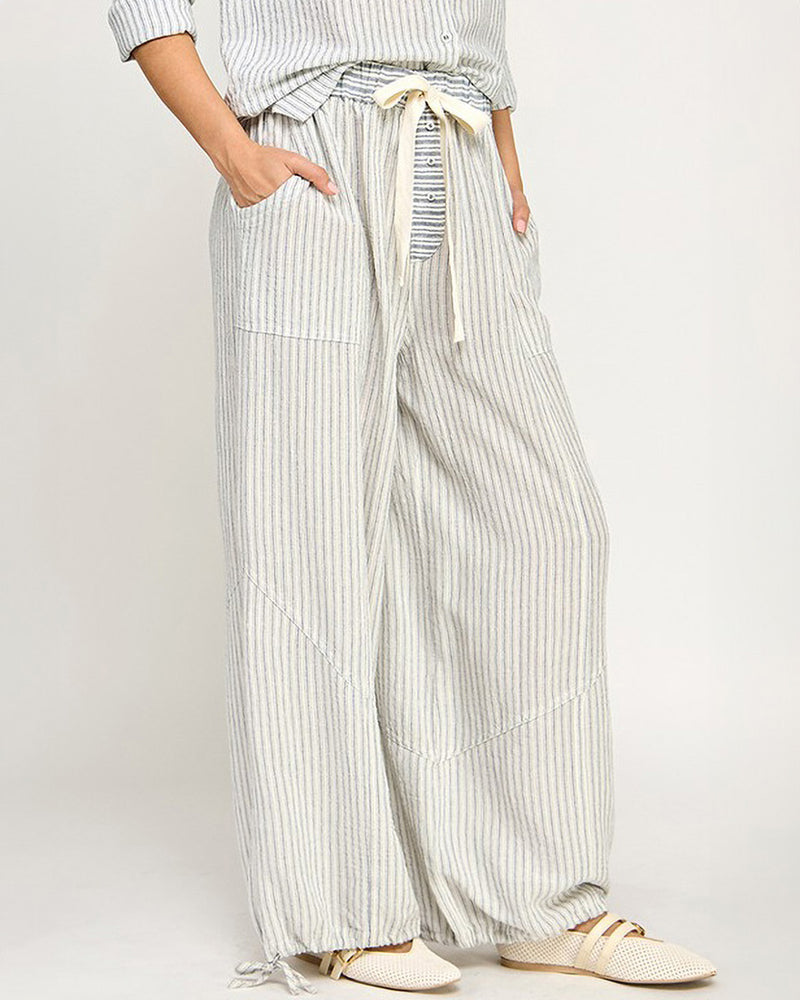 Blue & White Cotton Striped PJ Style Pants