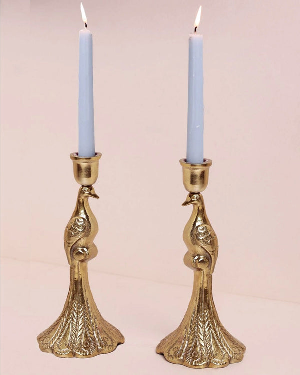 Brass Peacock Candlesticks - Set of 2